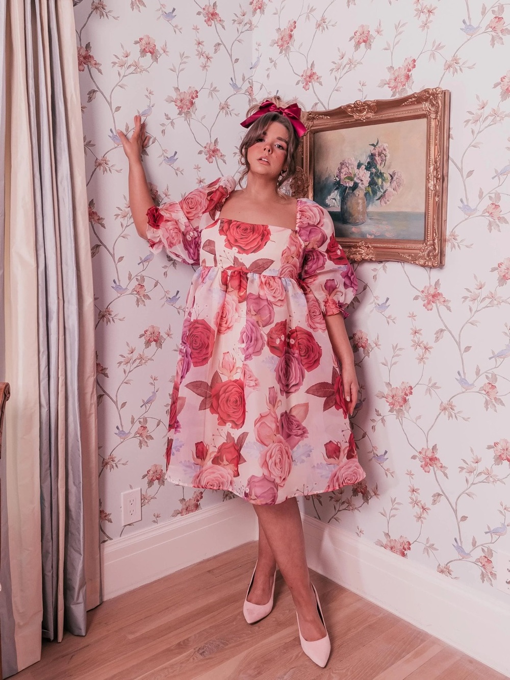 JessaKae Pink and Red Rose-Print Puff Sleeve Mini Dress